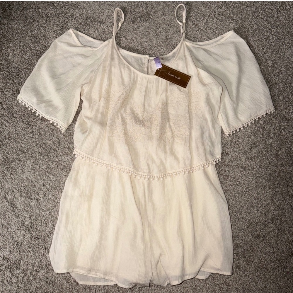 Francescas Ivory Cold Shoulder Embroidered Pom Pom Romper Medium NWT
